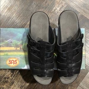 SAS Tango Black Slip-on strappy wedge sandals.